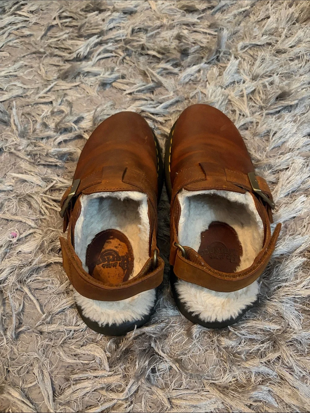 Dr. Martens Brown Leather Buckle Clog Sandals with Yellow Stitching